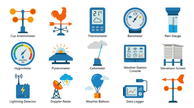 Flat Design Weather Instruments Icons Set - Meteorology, Forecast, Climate Science Tools