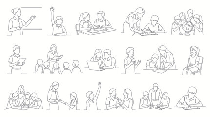Fototapeta premium Education Line Art Icons: Students Learning, Teacher Teaching, Classroom Activities