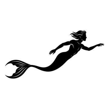 Merman silhouette vector, mythical male mermaid swimming, black sea creature icon, nautical fantasy character graphic isolated on White Background silhouette