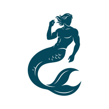 Merman silhouette vector icon, muscular merman mythical creature logo, teal sea god merman illustration for nautical branding isolated on White Background silhouette