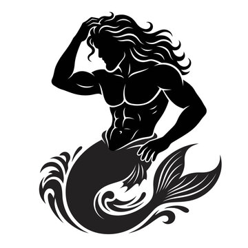 Merman silhouette vector, muscular male mermaid with long hair, mythical sea creature icon, nautical fantasy character design isolated on White Background silhouette