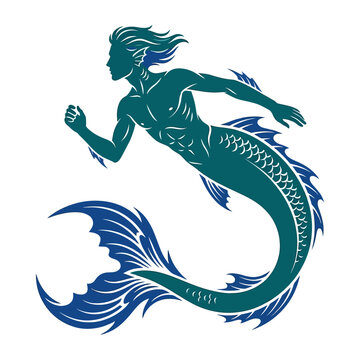 Merman mythological sea creature vector, teal merman with fish tail and fins, mythical male mermaid swimming underwater isolated on White Background silhouette