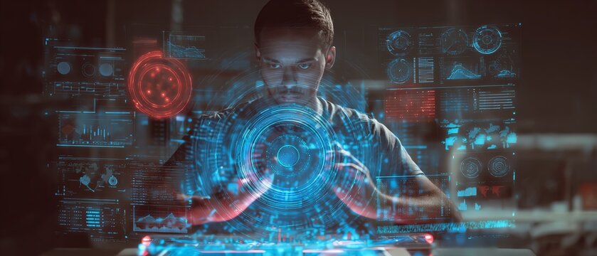 Person using futuristic holographic interface