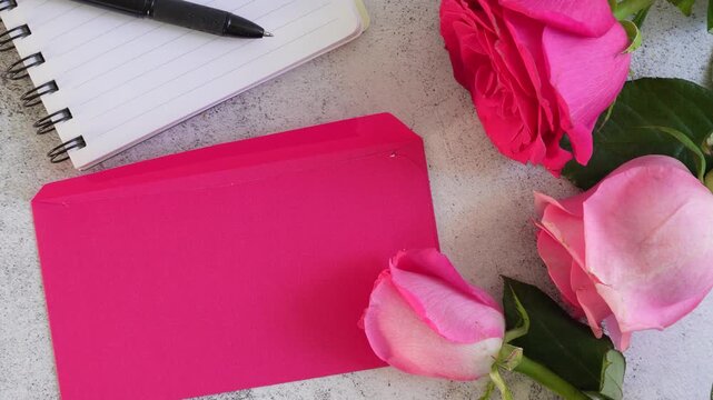 Pink roses rest beside a blank pink card and notebook. Soft light highlights petals and smooth surfaces. Calm, romantic, and thoughtful mood. Great for love, anniversary, or Valentine's themes