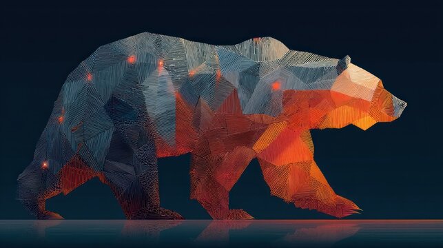 Geometric bear illustration. Low poly style, gradient colors of blue and orange, abstract art, dark background