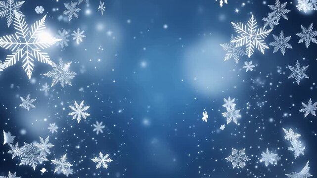 Motion graphics of delicate snowflakes gently falling against blue background, glowing particles creating magical winter atmosphere, 4K video