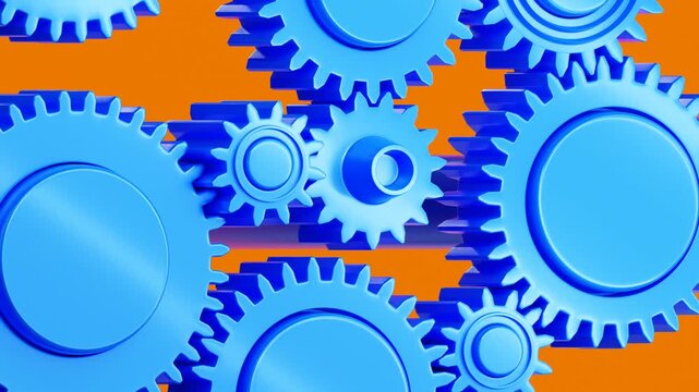 Vibrant blue gears and interlocking cogs rotate smoothly in a seamless 4K 3D looping animation on a orange background, representing technical workflow, business solutions, and mechanical synergy.