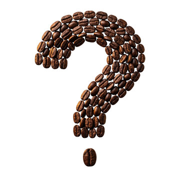 Question mark formed from roasted coffee beans flat lay isolated transparent PNG, coffee brand creative concept design