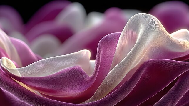 Close-up of undulating purple and white fabric with soft lighting and flowing folds