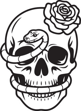 Skull with snake and rose hand drawn illustration for tattoo or t-shirt print design
