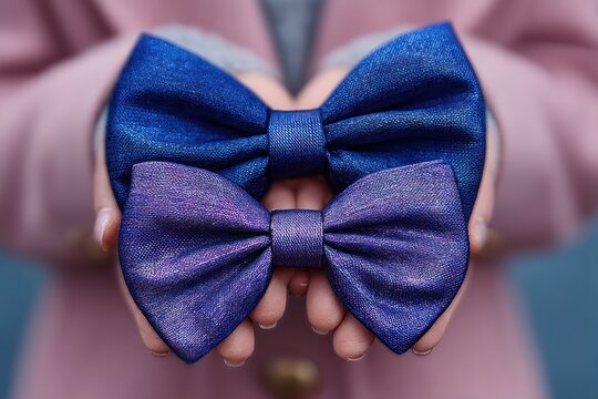 A person's hands delicately hold two shimmering blue and purple bow ties