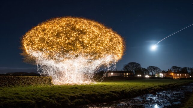 Nighttime long exposure of a tree with swirling lights against a dark sky