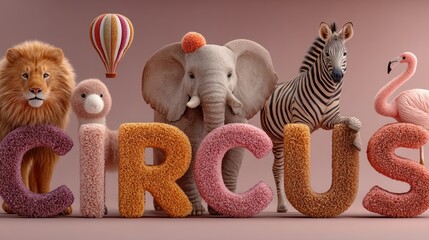 Naklejka premium Whimsical Circus Scene with Animals and Text.