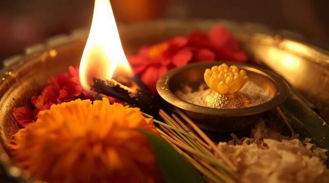 Close up of glowing camphor flame on brass ceremonial plate surrounded by marigold petals with traditional ceremonial items arranged sacred composition
