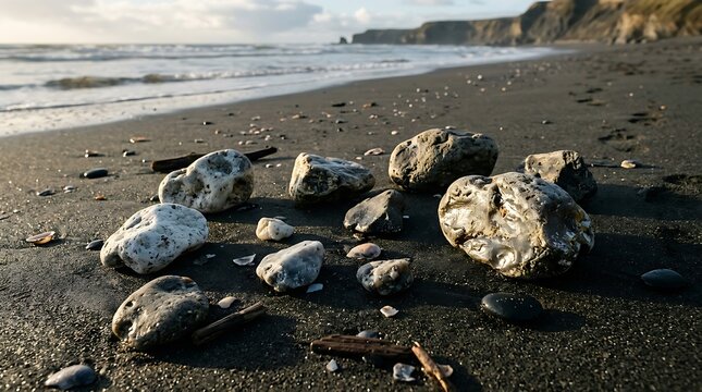 Ambergris scattered on beach sand