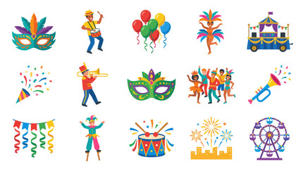 Fototapeta premium Flat Style Carnival Icons: Masks, Dancers, Trumpet, Drums, Fireworks