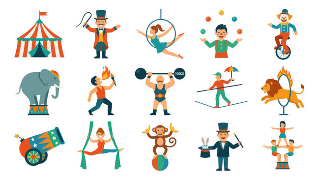 Circus Performance Flat Icons - Magic, Acrobatics, Animals, Strongman, Juggler