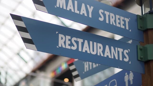 Wayfinding signs in a city area near restaurants