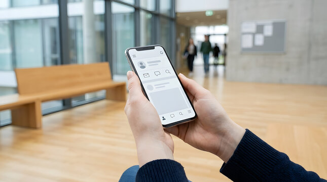 Hands holding smartphone with social media app in modern hallway