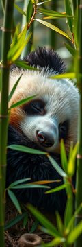 Fluffy panda's peaceful slumber amidst bamboo, adorable, sleeping