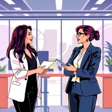 Professional women discussing, high-quality vector illustration, isolated background, modern office setting, Collaboration, ||Business