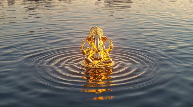 Radiant golden icon emerging from serene rippling water with ethereal glow with casting mesmerizing golden ripple pattern beneath reflective surface under soft ambient lighting