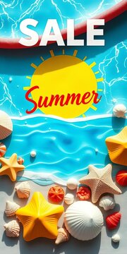 Summer sale banner featuring bright yellow sun, blue waves, and seashells, perfect for promotions, shells, fun