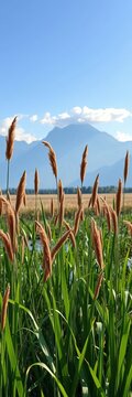 Tall reeds sway gently in the marsh, mountains looming serene in the distance, serene, ||misty
