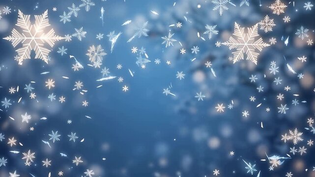 Motion graphics of delicate snowflakes gently falling against blue background, glowing particles creating magical winter atmosphere, 4K video