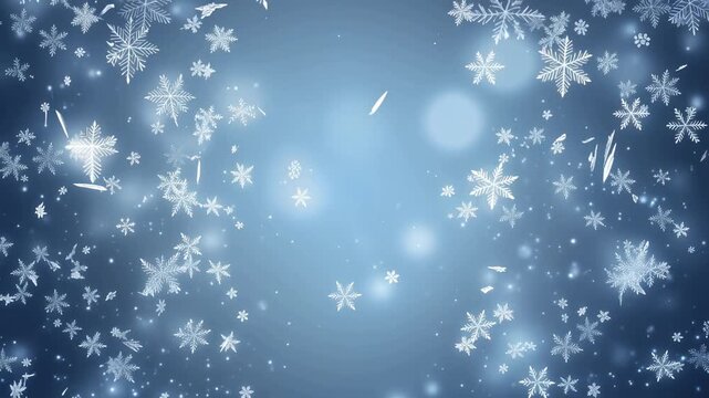 Motion graphics of delicate snowflakes gently falling against blue background, glowing particles creating magical winter atmosphere, 4K video