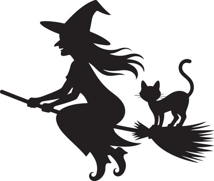 Cartoon witch flying on a broomstick with a black cat for Halloween celebration design.