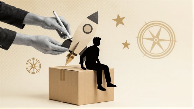 Hands draw rocket from cardboard box, symbolizing startup launch and ambition.