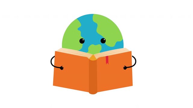 Cute Earth Character Reading an Open Book for Global Education and Environmental Learning Concept