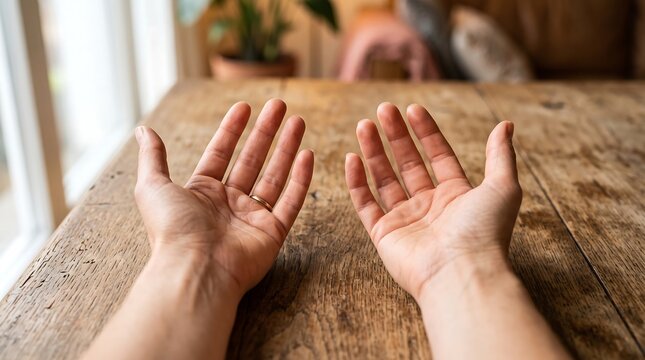 Person holding empty open hands on a rustic wooden table