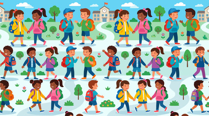 Fototapeta premium Diverse Children Walking to School Seamless Pattern Illustration