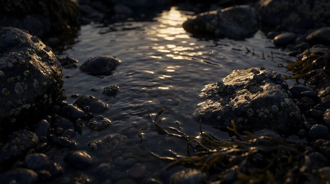 Golden sunlight reflecting on tide pool water with rocks and seaweed