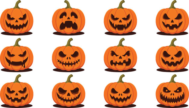 Helloween pumpkins character set with diverse facial expretion 