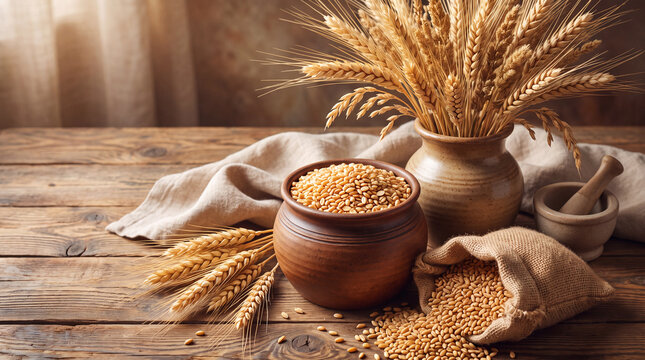 Artistic representation of natural wheat grains placed in ceramic pots on a rustic wooden table, emphasizing the connection between nature and culinary practices.