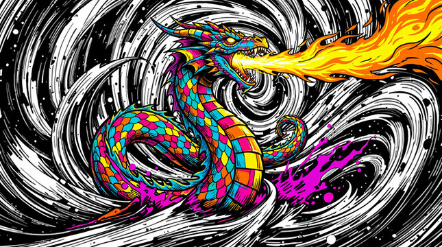 This image features a colorful dragon artwork breathing fire, set against a swirling abstract background that enhances its dynamic, fierce presence and enchanting allure.