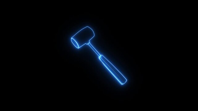 Glowing blue neon mallet tool icon on black background