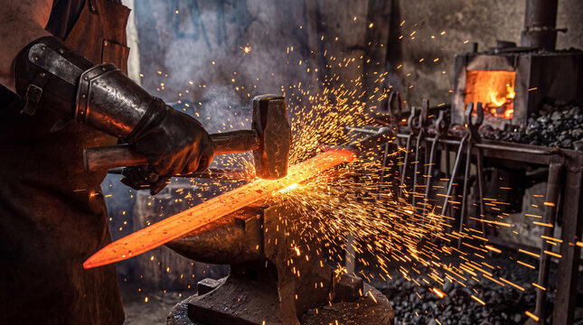 In a traditional workshop, a blacksmith skillfully forges a sword, demonstrating the age-old art of metalworking and the interplay of fire and craftsmanship.