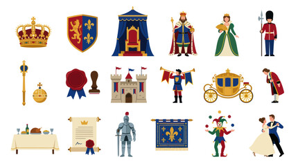 Fototapeta premium Flat Vector Illustration of Royal and Medieval Symbols, Characters, and Fantasy Elements