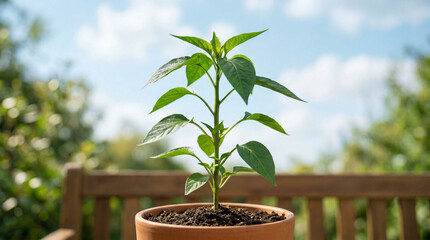 Fototapeta premium Young plant growth in a terracotta pot representing the plant life cycle in a garden setting