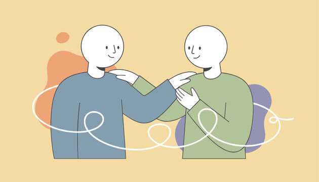 Two simple illustrated friends place comforting hands on each other shoulders, symbolizing empathy and mutual support.