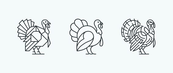 Obraz premium Three minimalist line art turkey illustrations on white background