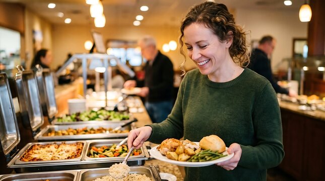 Happy woman serving food at a cafeteria buffet line