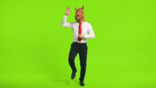 Businessman in Horse Mask suddenly crosses his wrists in front of his chest with invisible horse-riding dance.