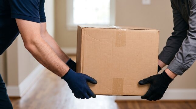 Two professional movers carrying a heavy cardboard box indoors