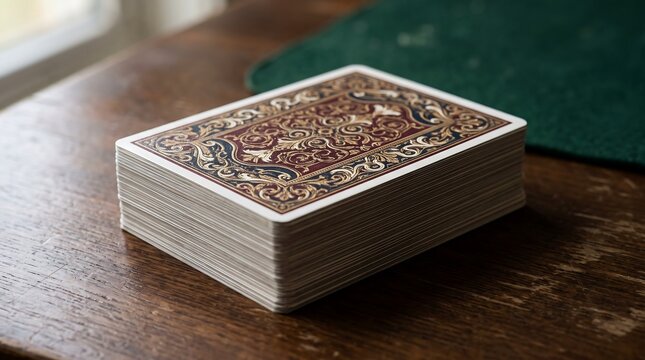 Stack of vintage ornate playing cards on a rustic wooden table