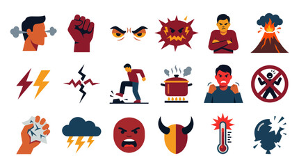Fototapeta premium Flat Design Icons of Anger and Rage Expressions, Emotions, and Symbols